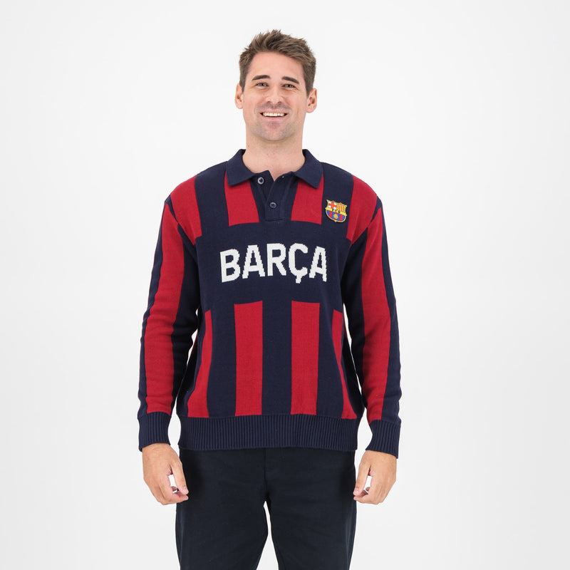 Barcelona FC Stripe 2 Button Polo Knitwear Long Sleeve Yarn Dye Navy - Old School