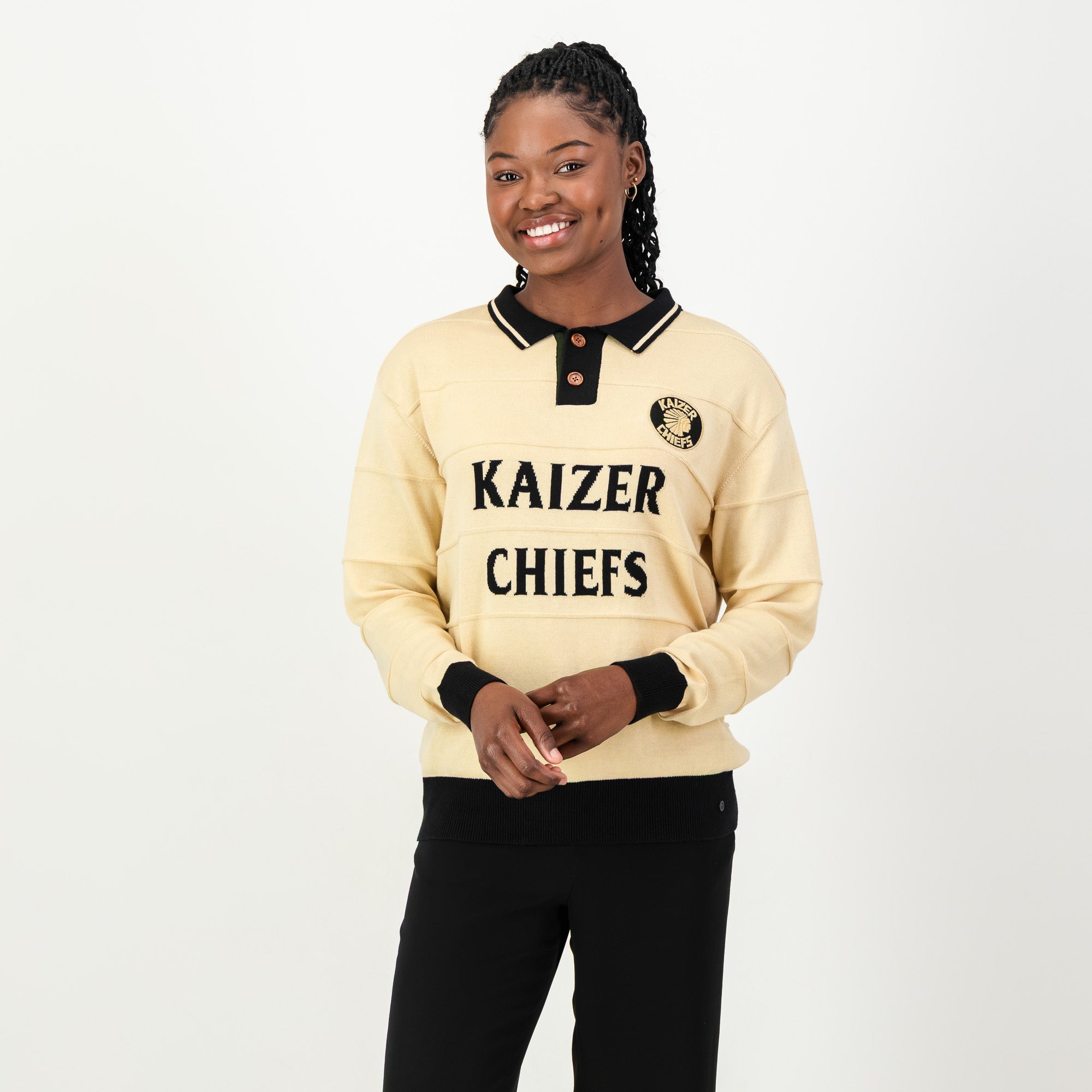 Kaizer Chiefs Long Sleeve Knitted Jersey - Butter - Old School
