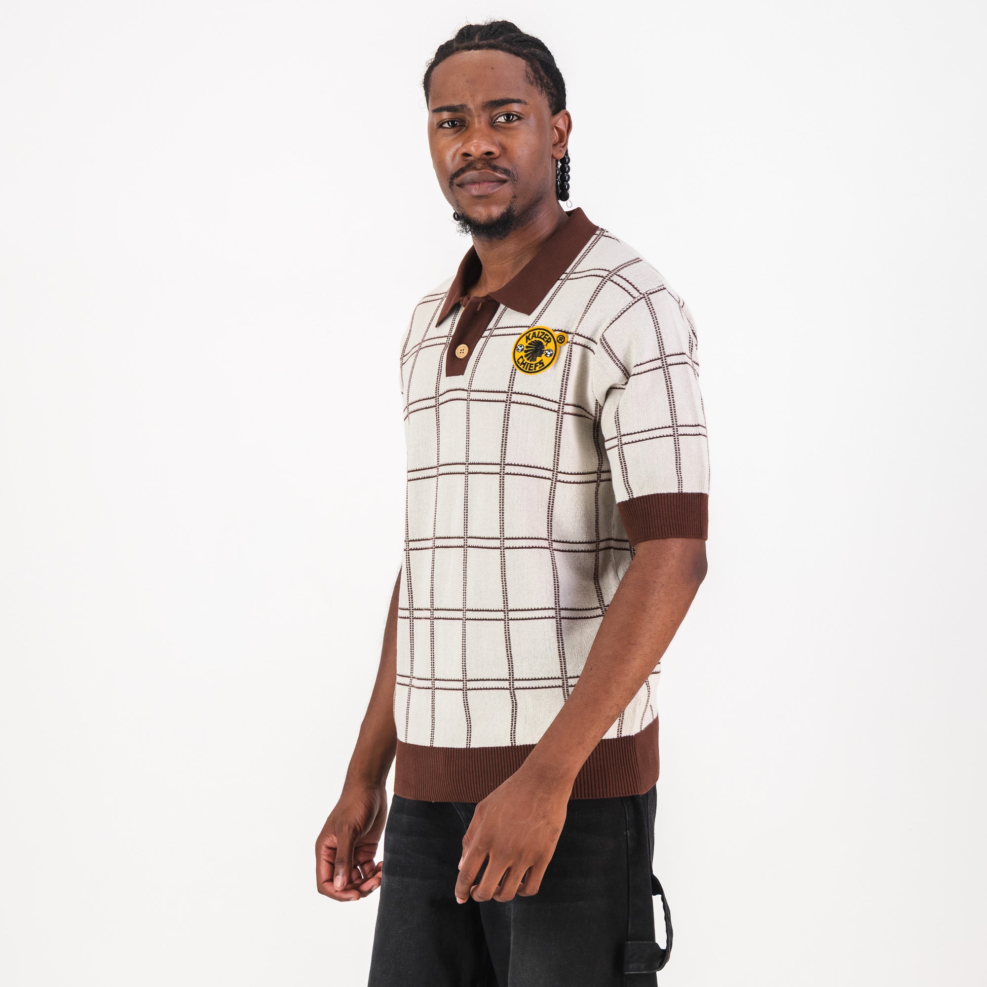 Kaizer Chiefs SS Check Knitted Jersey - Ivory - Old School