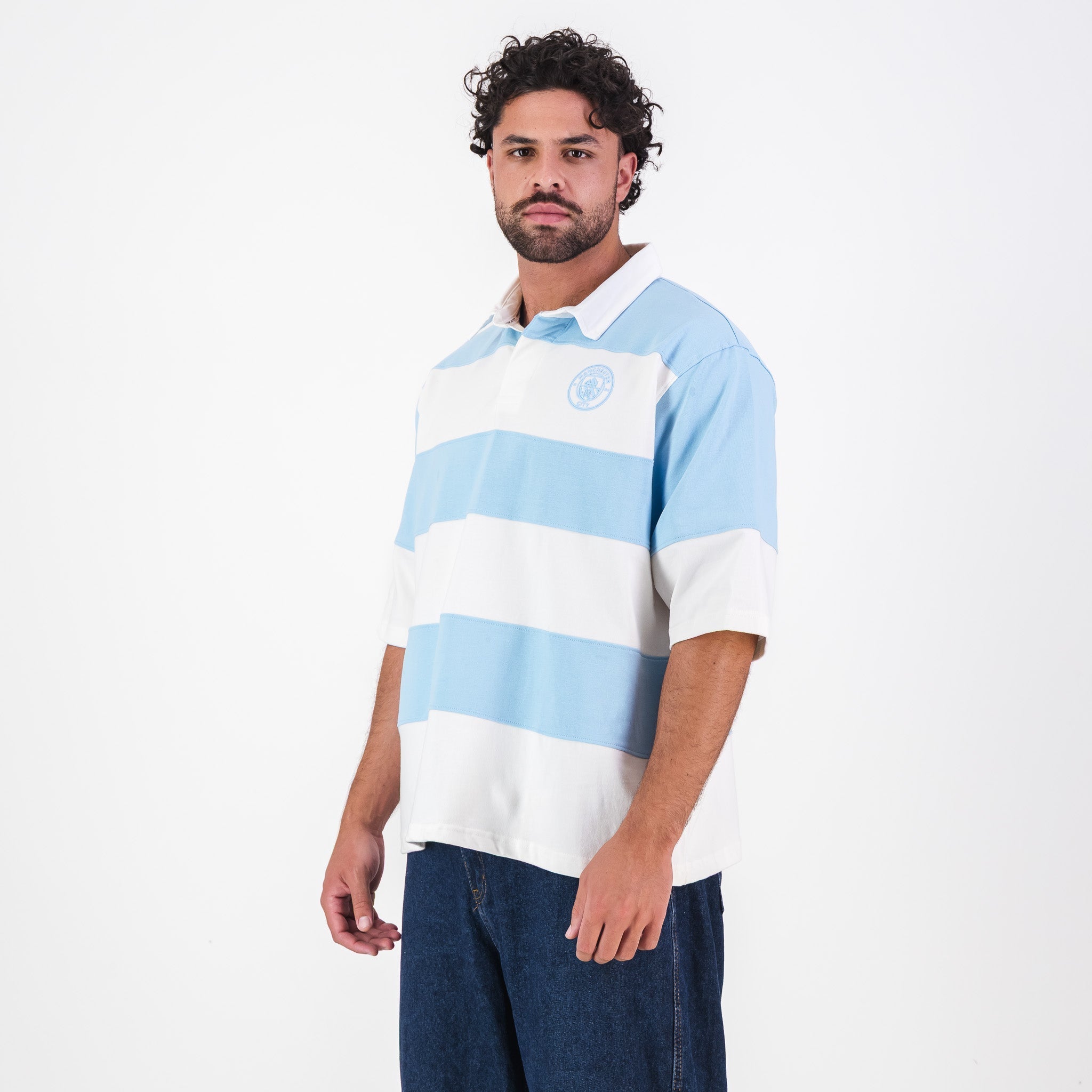 Manchester City Stripe Rugby Polo - Sky Blue - Old School