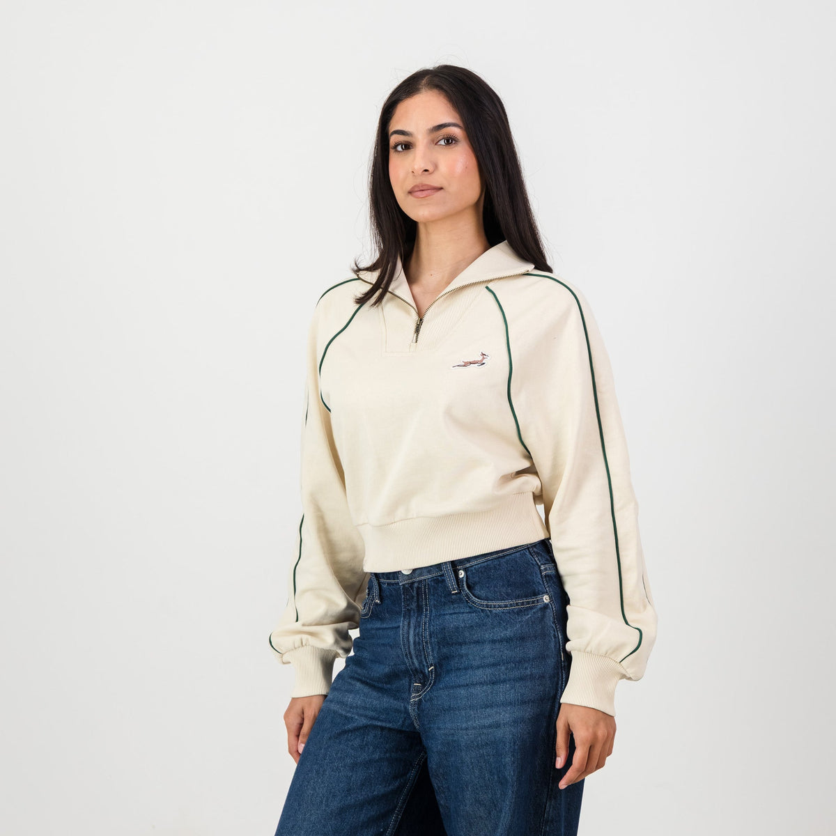Springboks Ladies Piped Zip Through Sweat - Ivory - Old School